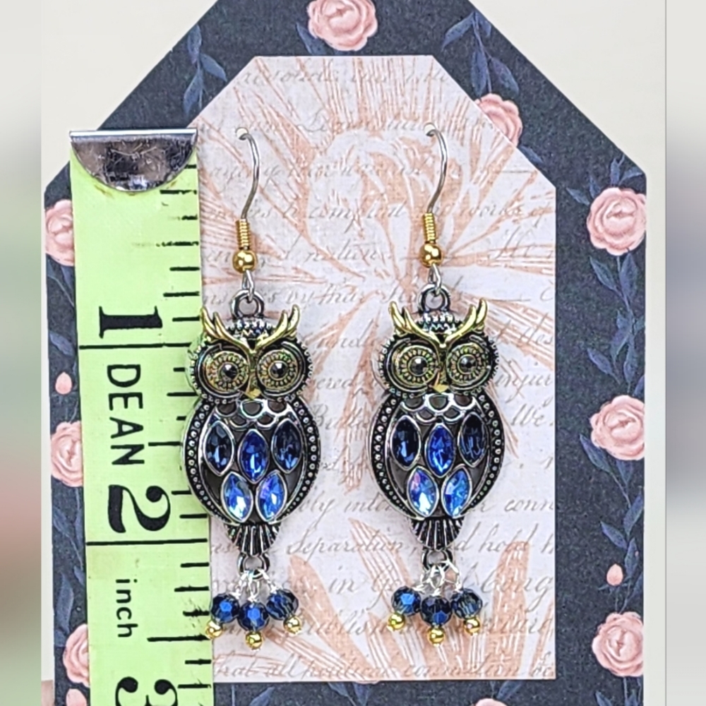 Owl Earring, 2 Tone Gold & Silver, with Blue‎ Accents, Handmade Earrings